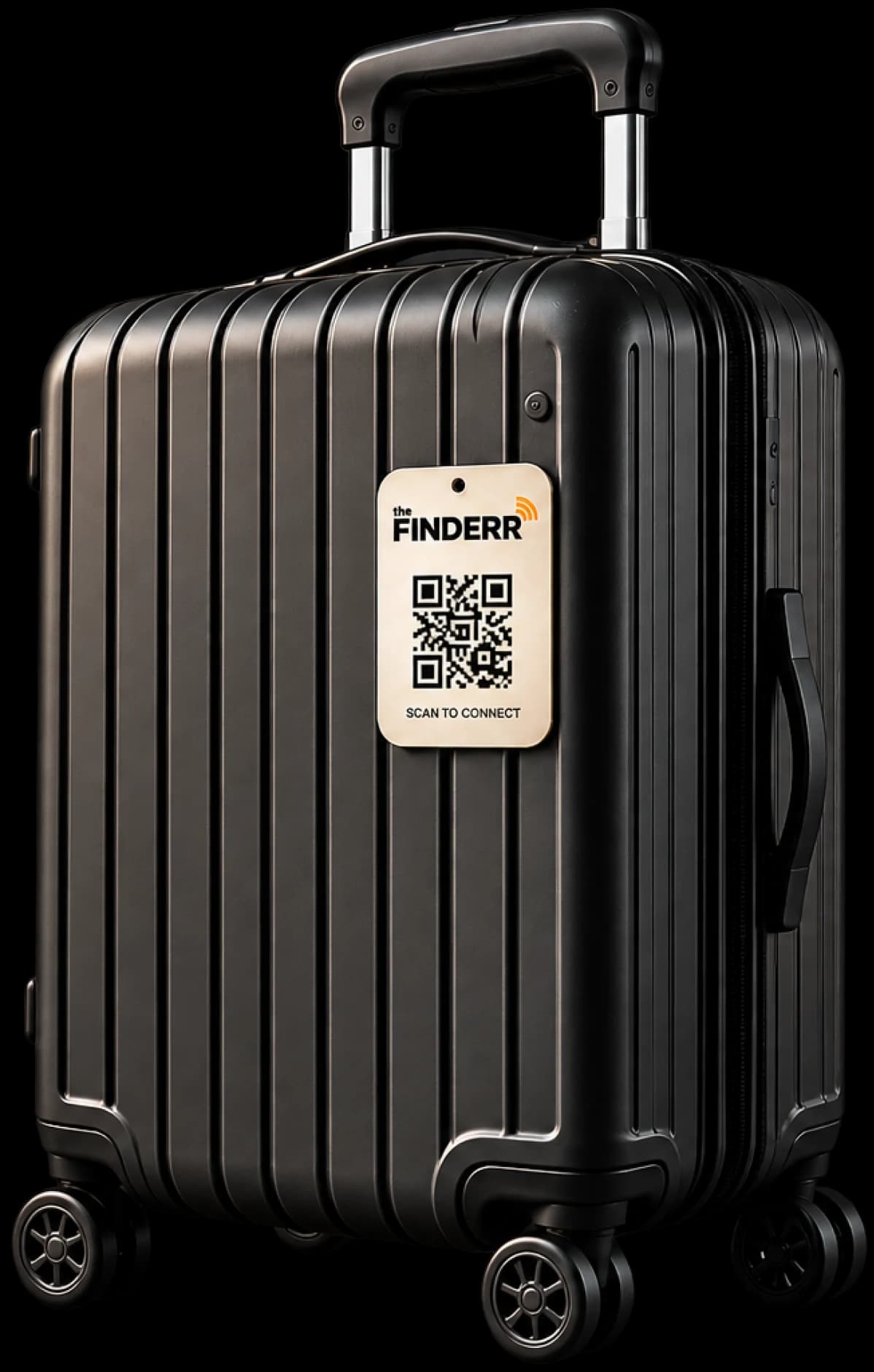 A suitcase with a Finderr tag hanging from it