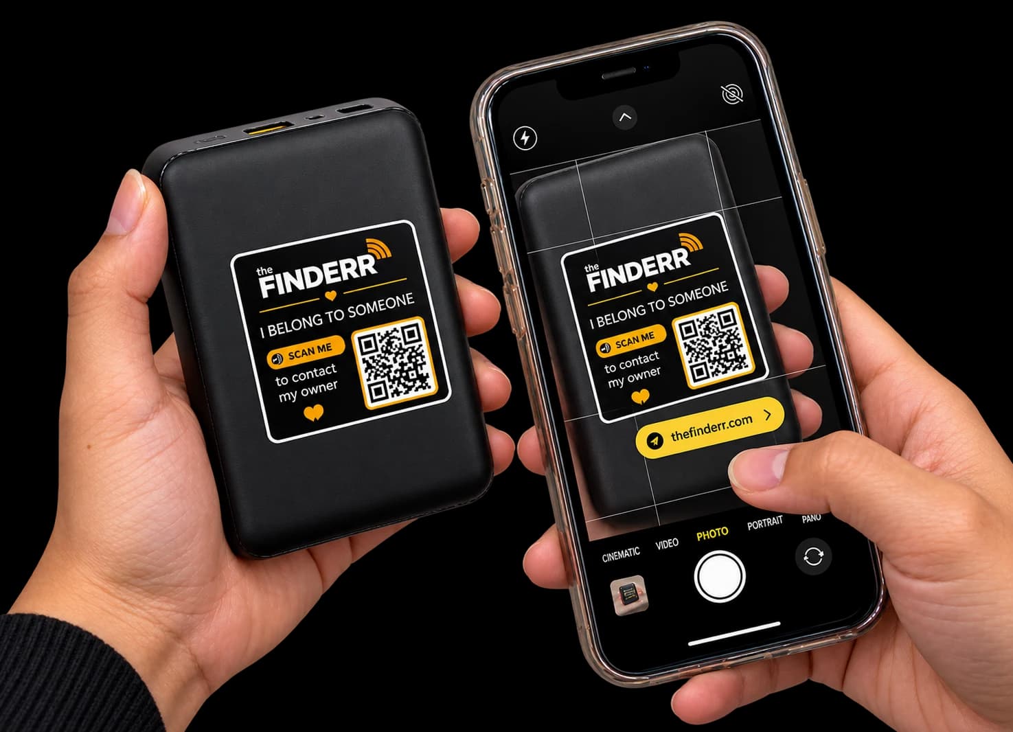 Someone scanning a Finderr tag on a power bank with their phone camera